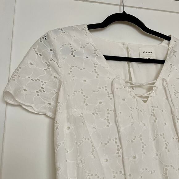 Sezane Carolane White Shift Dress Mini Sz 38 / US 4 6  French Minimalist Lace - Picture 4 of 11